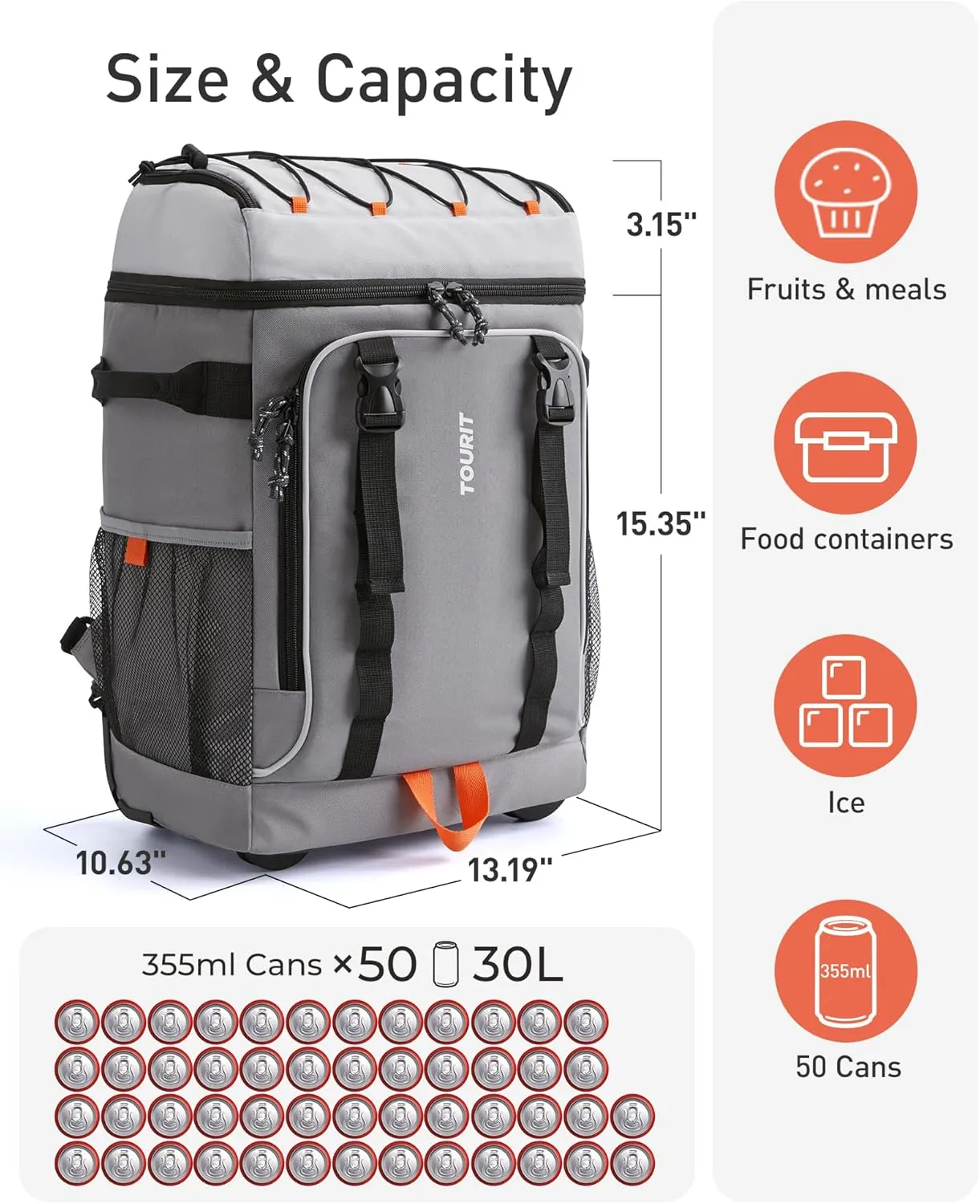TOURIT 50-Can Rolling Backpack, Double Deck & Dual-Bar Handle Travel Soft Cooler Bag with Wheels for Women, 30L Space Beach Cooler Size 18"(15" 3")×13"×11"