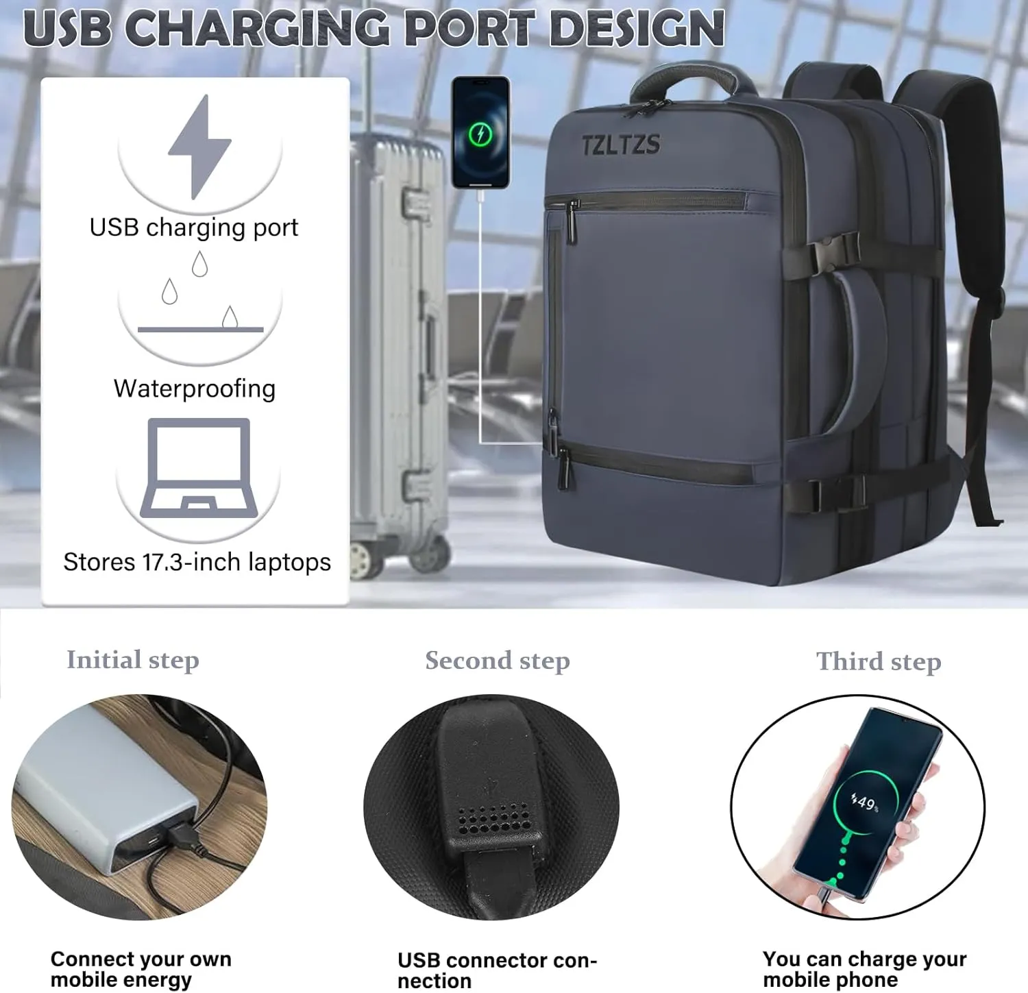 Travel Backpack, Carry On Backpack Airline Approved,Extra Large Expandable Waterproof, 17.3inch Laptop Backpack USB Charging Port, Business College Rucksack Backpack Gifts for Men Women, Blue