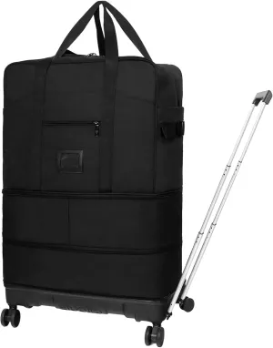 Travel Bag with Removable Wheels Expandable Collapsible Rolling Travel Luggage Foldable Duffel Bag Large Capacity Suitcase for Men Women (Black)