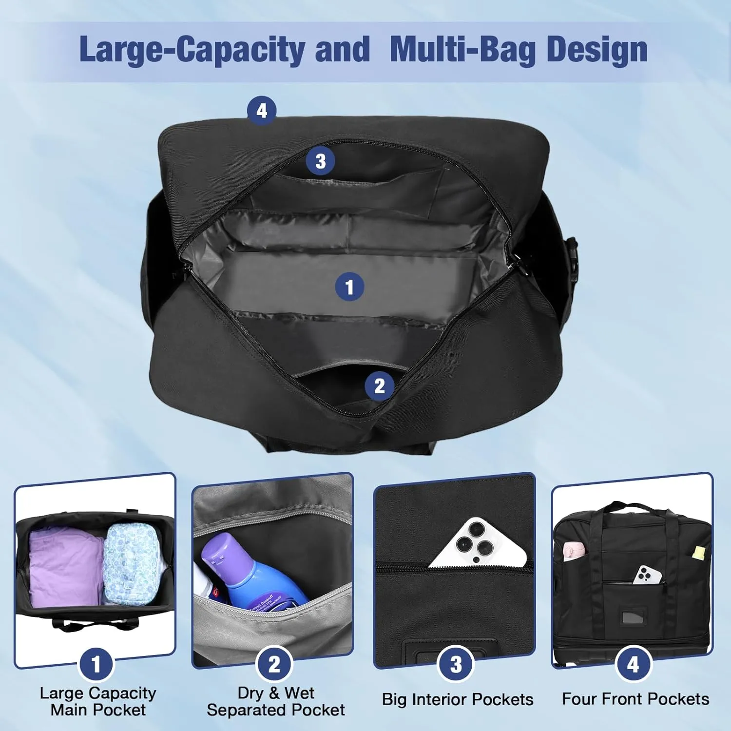 Travel Bag with Removable Wheels Expandable Collapsible Rolling Travel Luggage Foldable Duffel Bag Large Capacity Suitcase for Men Women (Black)