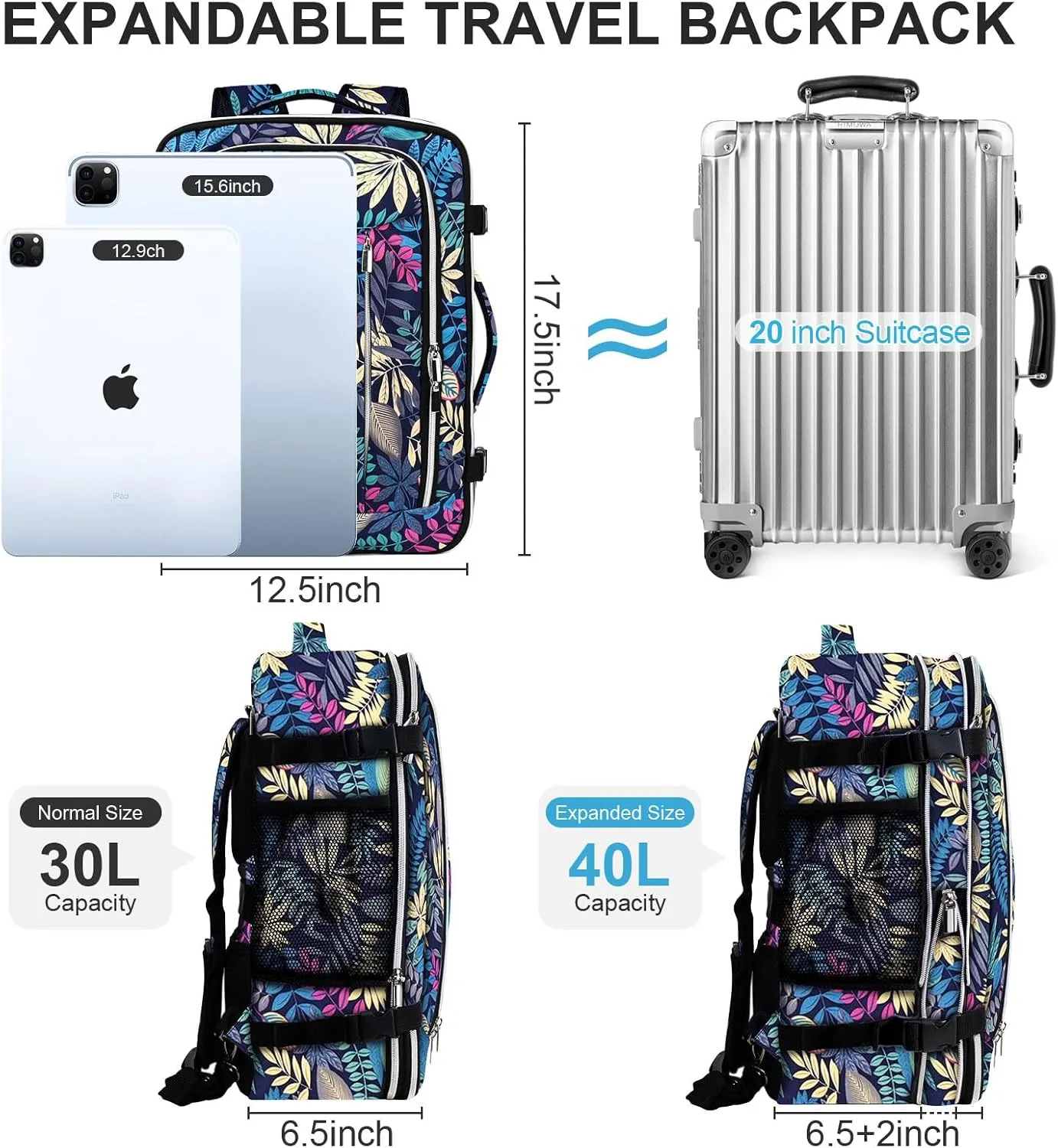 Travel Carry On 17.5" Laptop Expandable Backpack for Men Women, Personal Item Bag Waterproof Airline Approved with USB Charging Hole 3 Packing Cubes, Large Weekender Daypack Business Luggage Suitcase