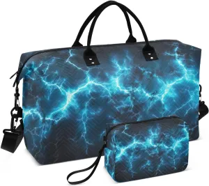 Travel Duffel Bag Large Weekender Overnight Bags for Women Men, Blue Electric Sparks Gym Bag with Toiletry Bag