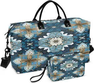 Travel Duffel Bag Large Weekender Overnight Bags for Women Men, Blue Tile Gym Bag with Toiletry Bag