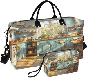 Travel Duffel Bag Large Weekender Overnight Bags for Women Men, Cartoon Kitchen Pattern Gym Bag with Toiletry Bag