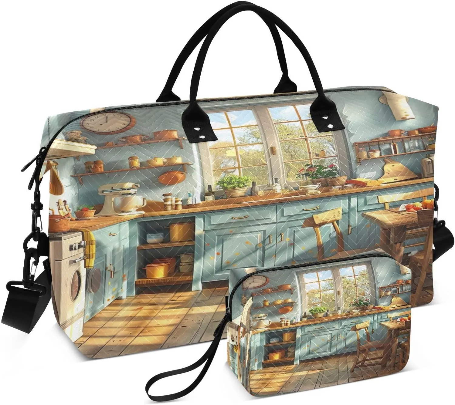 Travel Duffel Bag Large Weekender Overnight Bags for Women Men, Cartoon Kitchen Pattern Gym Bag with Toiletry Bag