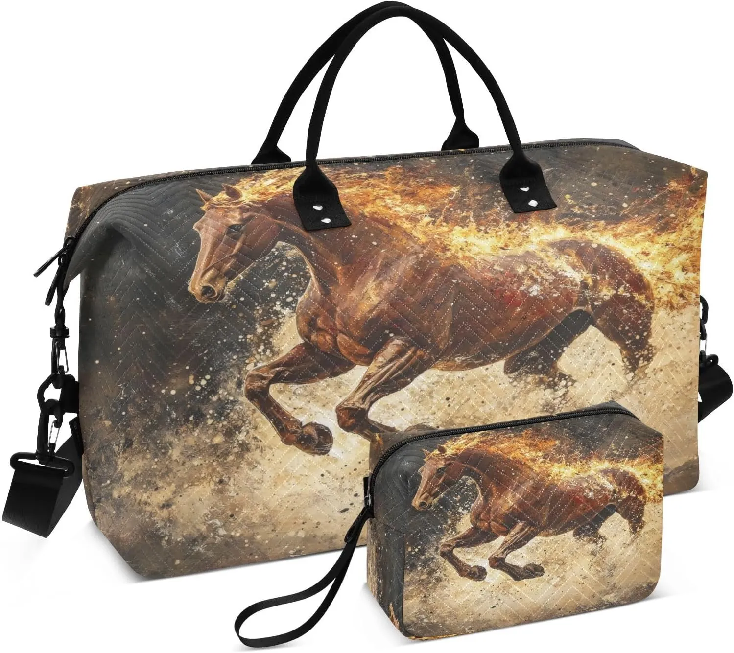 Travel Duffel Bag Large Weekender Overnight Bags for Women Men, Flaming Horse Gym Bag with Toiletry Bag