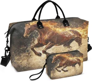 Travel Duffel Bag Large Weekender Overnight Bags for Women Men, Flaming Horse Gym Bag with Toiletry Bag