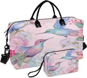 Travel Duffel Bag Large Weekender Overnight Bags for Women Men, Hummingbirds and Flowers Gym Bag with Toiletry Bag