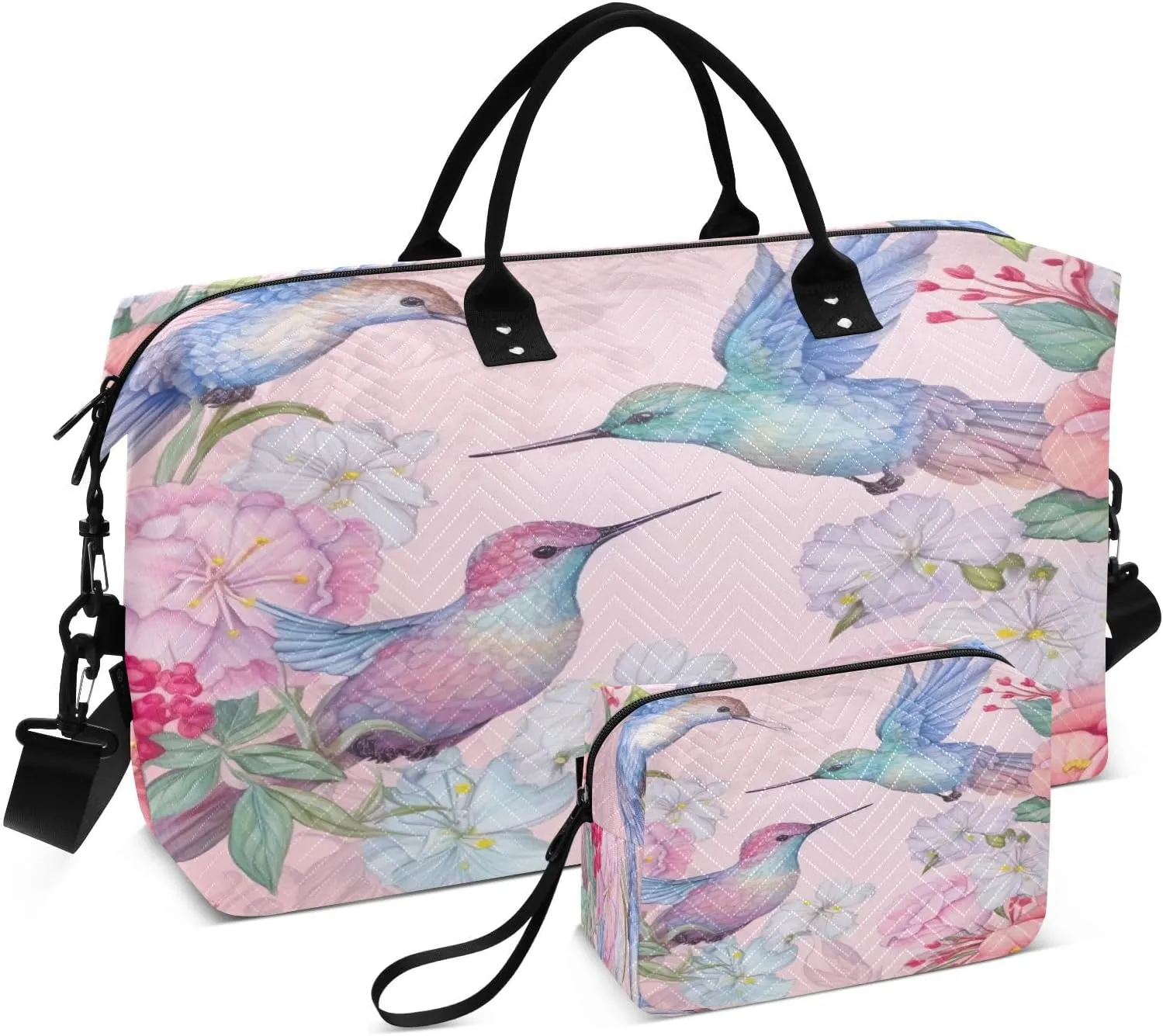Travel Duffel Bag Large Weekender Overnight Bags for Women Men, Hummingbirds and Flowers Gym Bag with Toiletry Bag