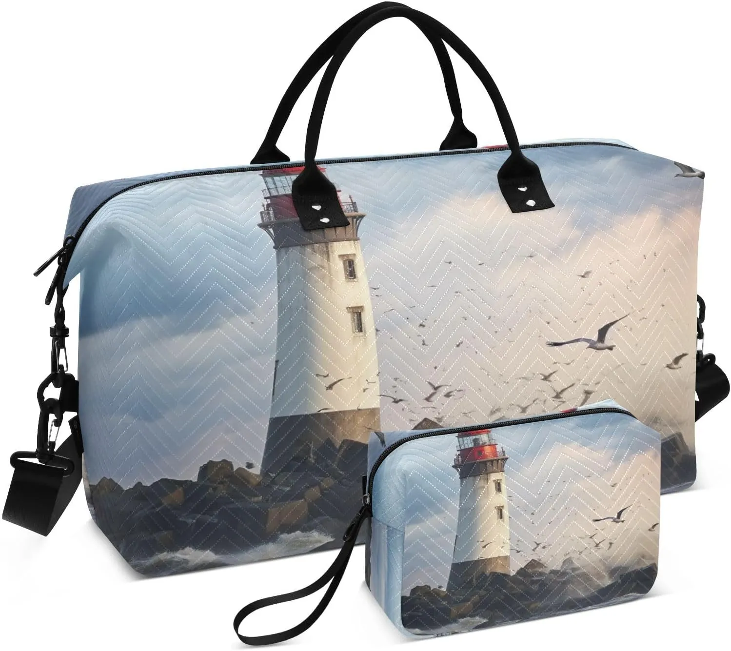 Travel Duffel Bag Large Weekender Overnight Bags for Women Men, Lighthouse on Coast Gym Bag with Toiletry Bag