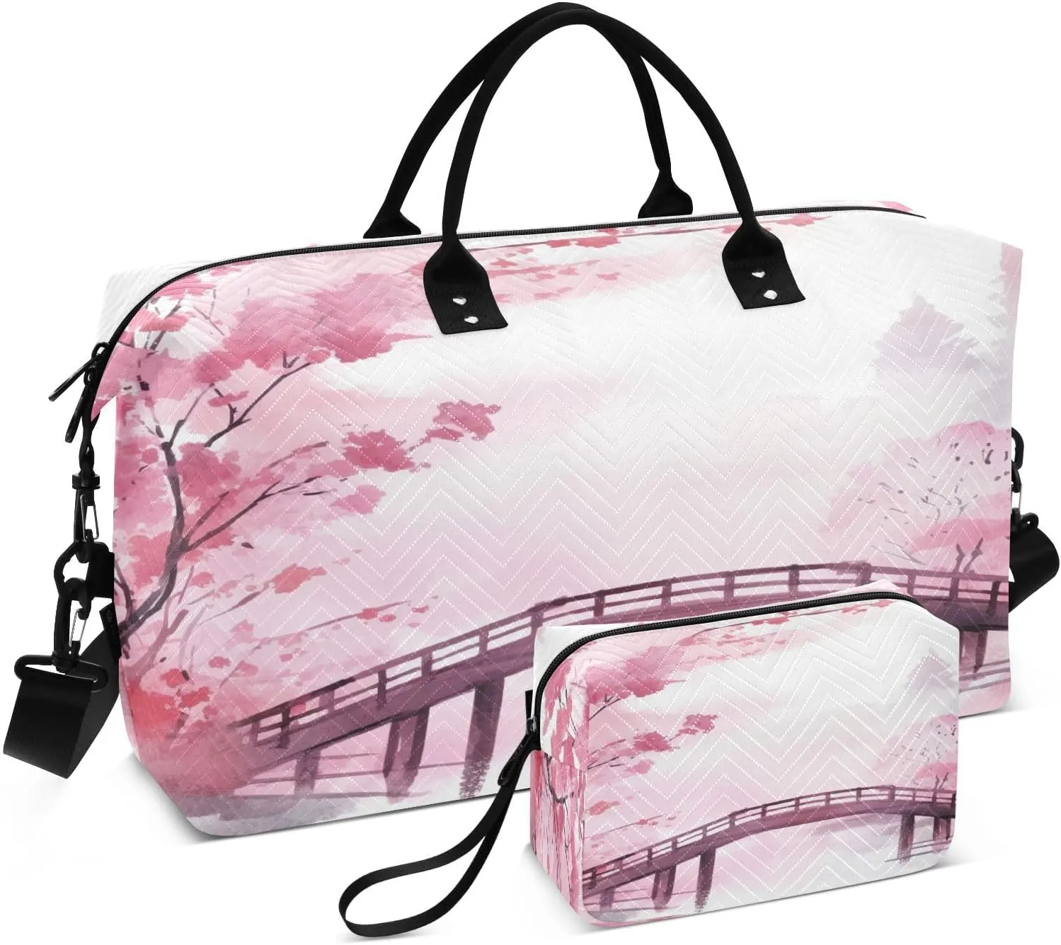 Travel Duffel Bag Large Weekender Overnight Bags for Women Men, Pink Asian Bridge Gym Bag with Toiletry Bag