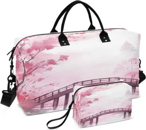 Travel Duffel Bag Large Weekender Overnight Bags for Women Men, Pink Asian Bridge Gym Bag with Toiletry Bag