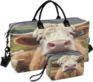 Travel Duffel Bag Large Weekender Overnight Bags for Women Men, Scottish Cattle Gym Bag with Toiletry Bag