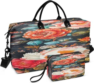 Travel Duffel Bag Large Weekender Overnight Bags for Women Men, Traditional Ethnic Flowers Gym Bag with Toiletry Bag