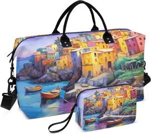 Travel Duffel Bag Large Weekender Overnight Bags for Women Men, Village Painting Gym Bag with Toiletry Bag