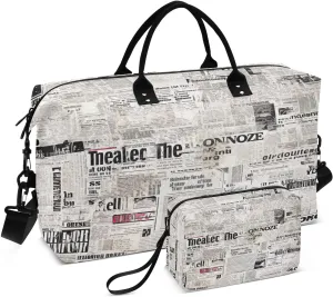 Travel Duffel Bag Large Weekender Overnight Bags for Women Men, Vintage Newspaper Texture Gym Bag with Toiletry Bag