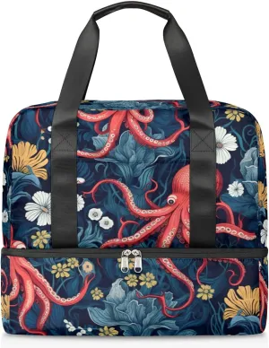 Travel Duffel Bags Flower Octopus Sports Gym Bag with Wet Pocket & Shoes Compartment Large Duffel Bags Waterproof Overnight Bag Weekender Bags for Women Men