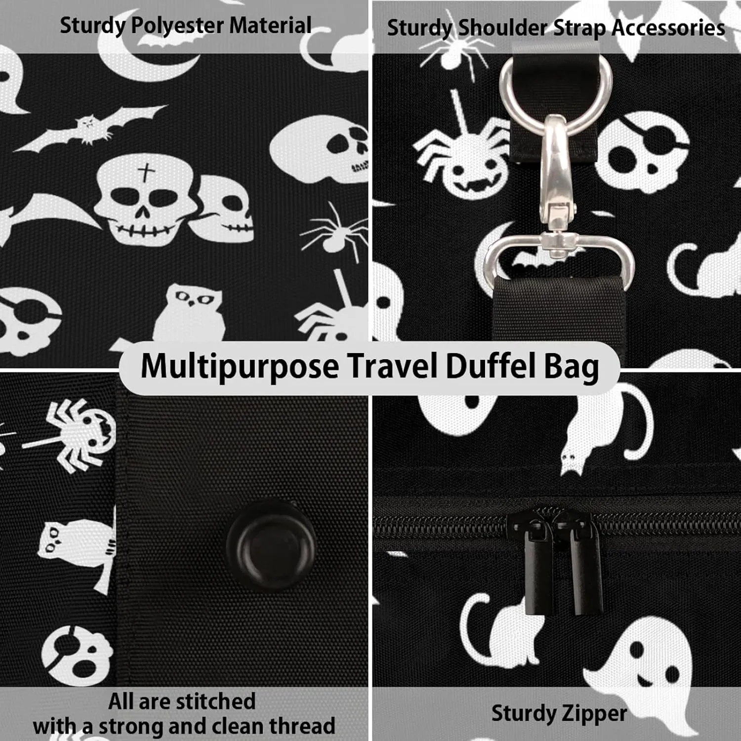 Travel Duffle Bag Goth Skull Cool Sports Gym Bags for Women Men Weekender Overnight Bags Waterproof Carry On Tote Bag Workout Bag for Dance Swimming Yoga Hospital