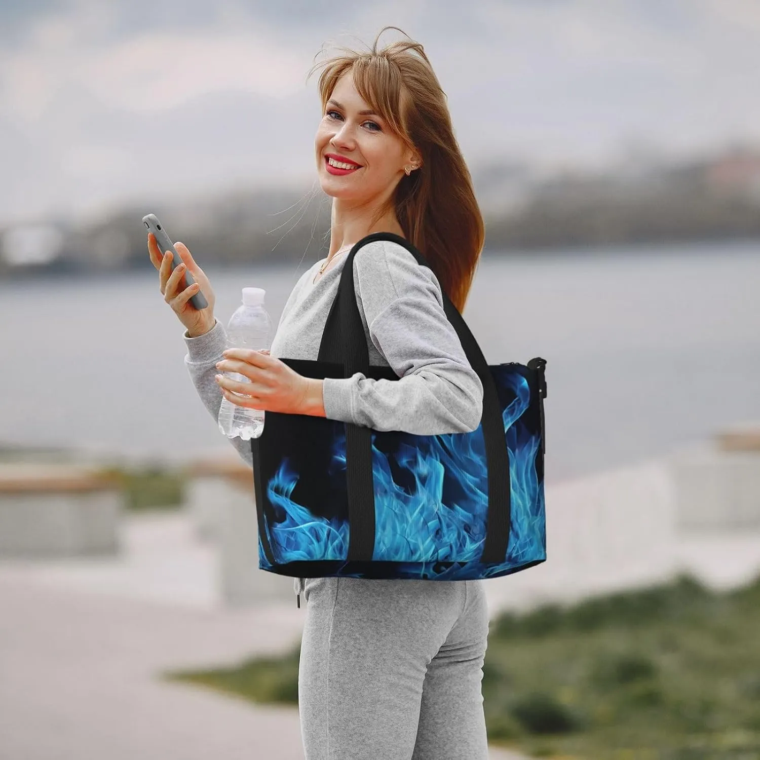 Travel Duffle Bag Weekender Bags for Men Women Adjustable Large Capacity Weekender Overnight Bag Carry On Tote Bags Waterproof Sport Gym Bag for Travel Yoga, Blue Flame, One Size