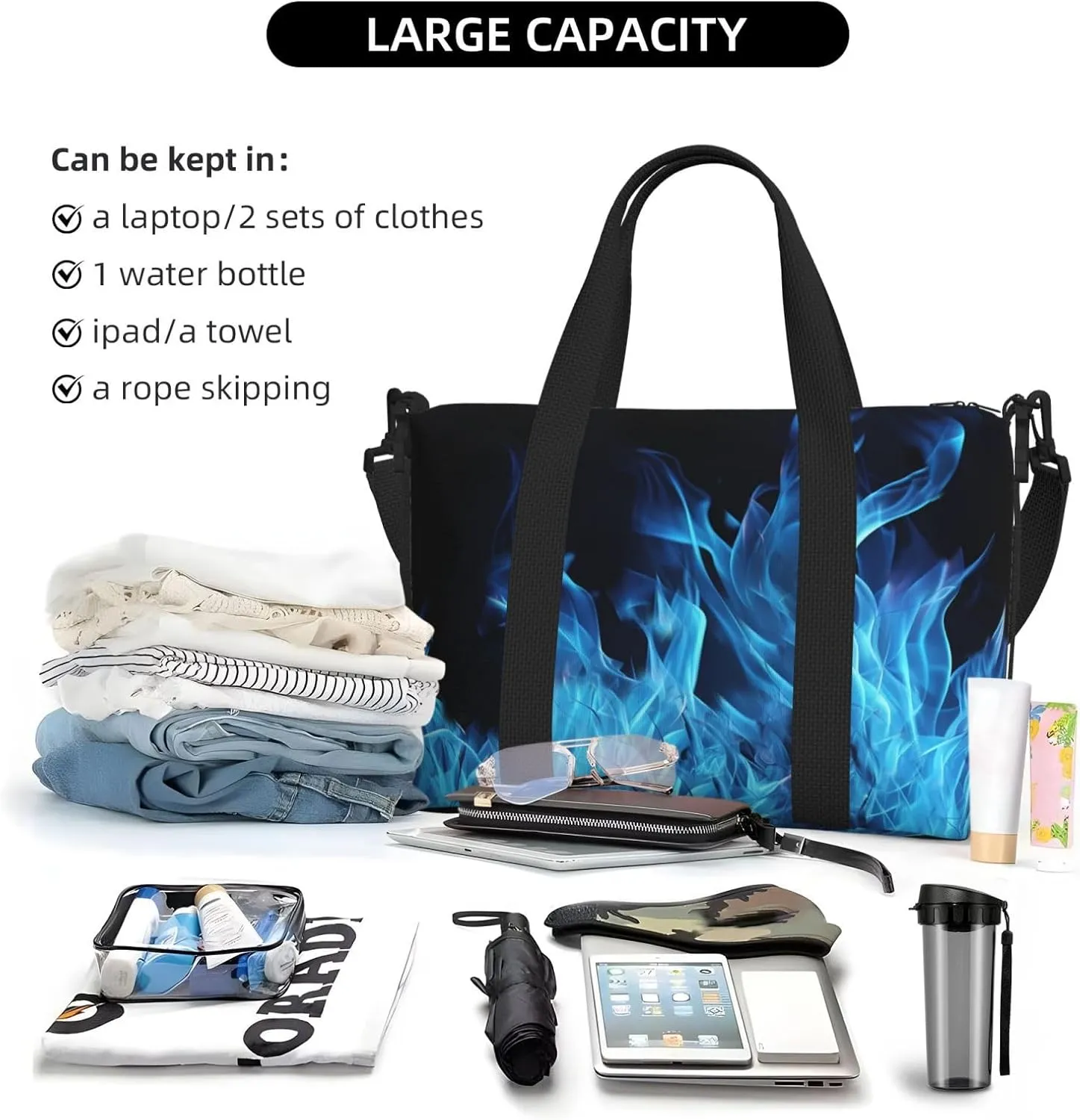 Travel Duffle Bag Weekender Bags for Men Women Adjustable Large Capacity Weekender Overnight Bag Carry On Tote Bags Waterproof Sport Gym Bag for Travel Yoga, Blue Flame, One Size