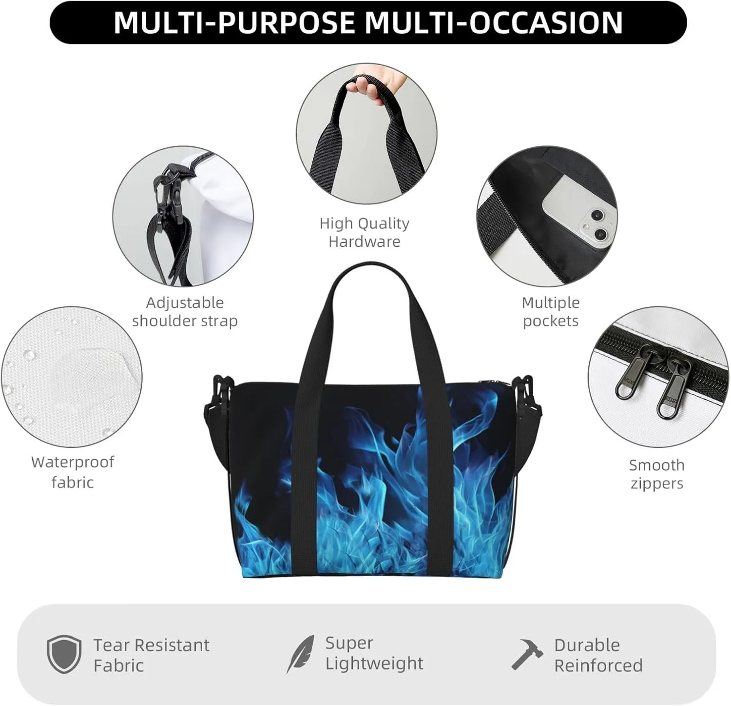 Travel Duffle Bag Weekender Bags for Men Women Adjustable Large Capacity Weekender Overnight Bag Carry On Tote Bags Waterproof Sport Gym Bag for Travel Yoga, Blue Flame, One Size