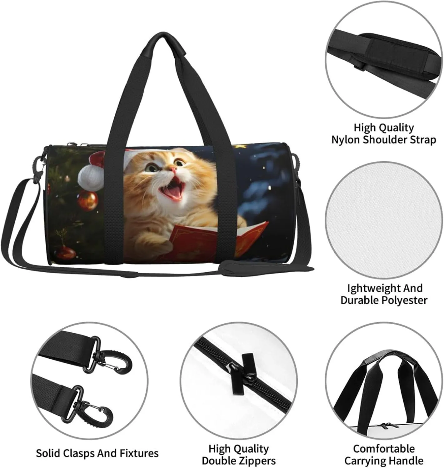 Travel Duffle Bag Weekender Bags For Men Women With Shoe Compartment Large Capacity Weekender Overnight Bag Cute Cat Sing Christmas Carols Carry On Tote Bags Sport Gym Bag For Travel Yoga
