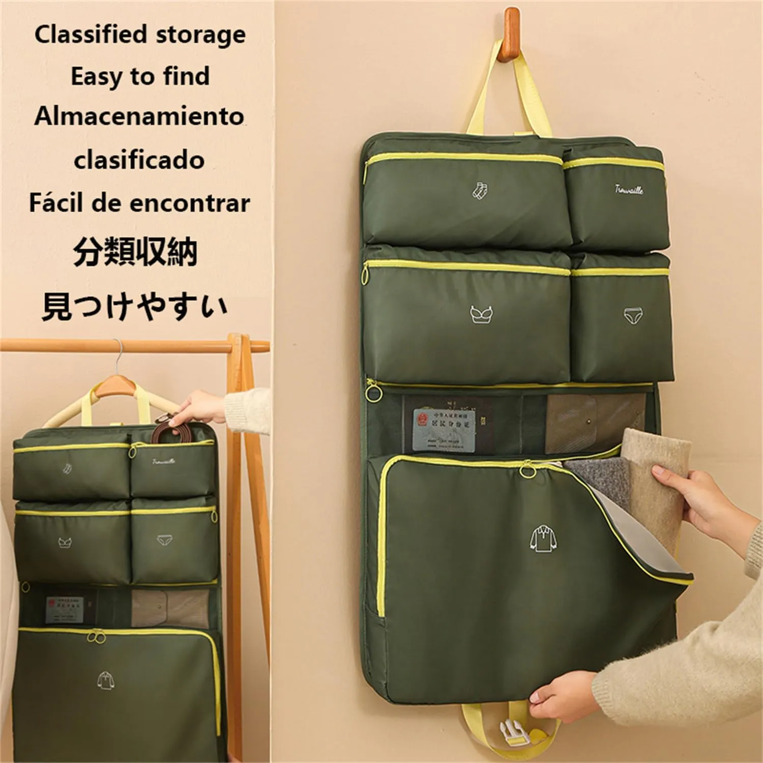Travel Lingerie Organizer Bag, Hanging Storage for Bra Underwear Socks, Clean and Dirty Compartments (Green,One Size)