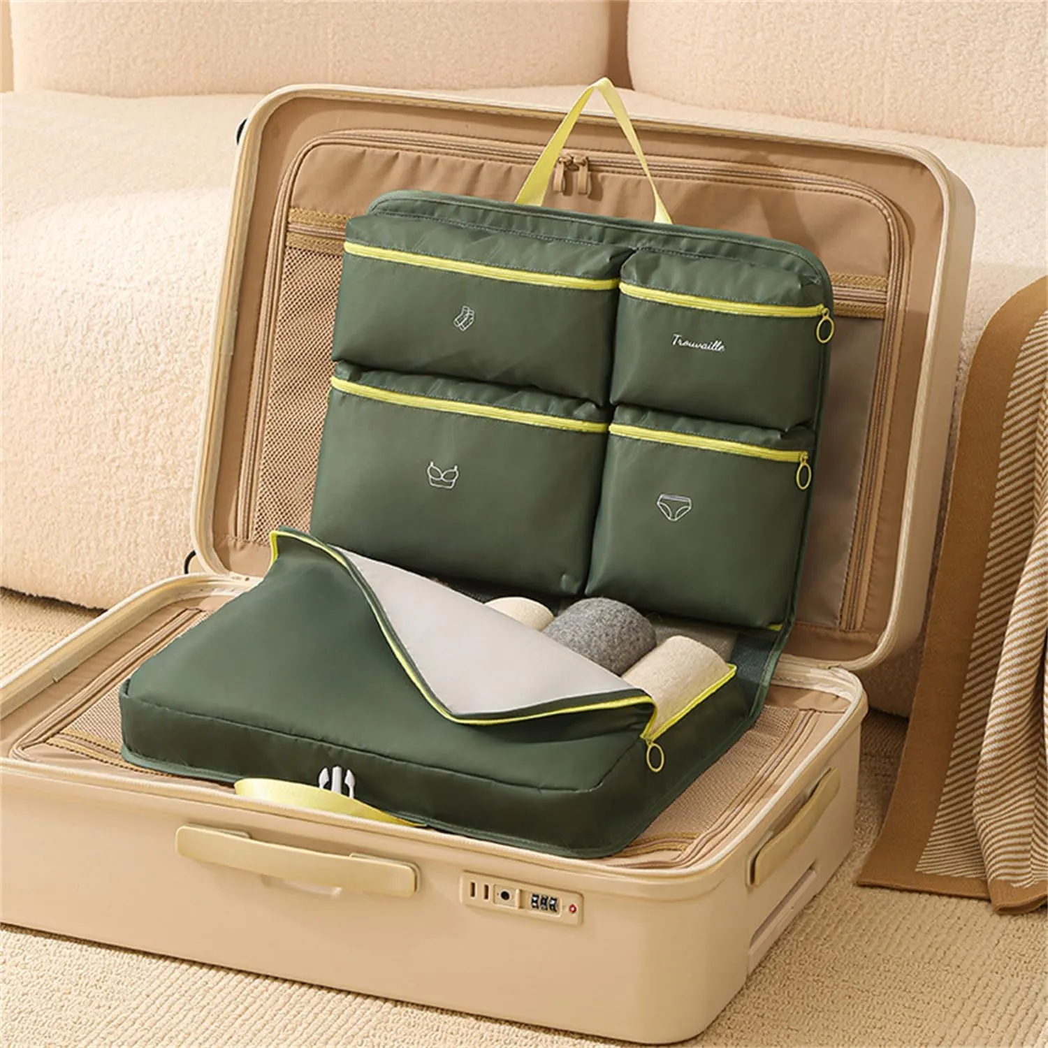 Travel Lingerie Organizer Bag, Hanging Storage for Bra Underwear Socks, Clean and Dirty Compartments (Green,One Size)