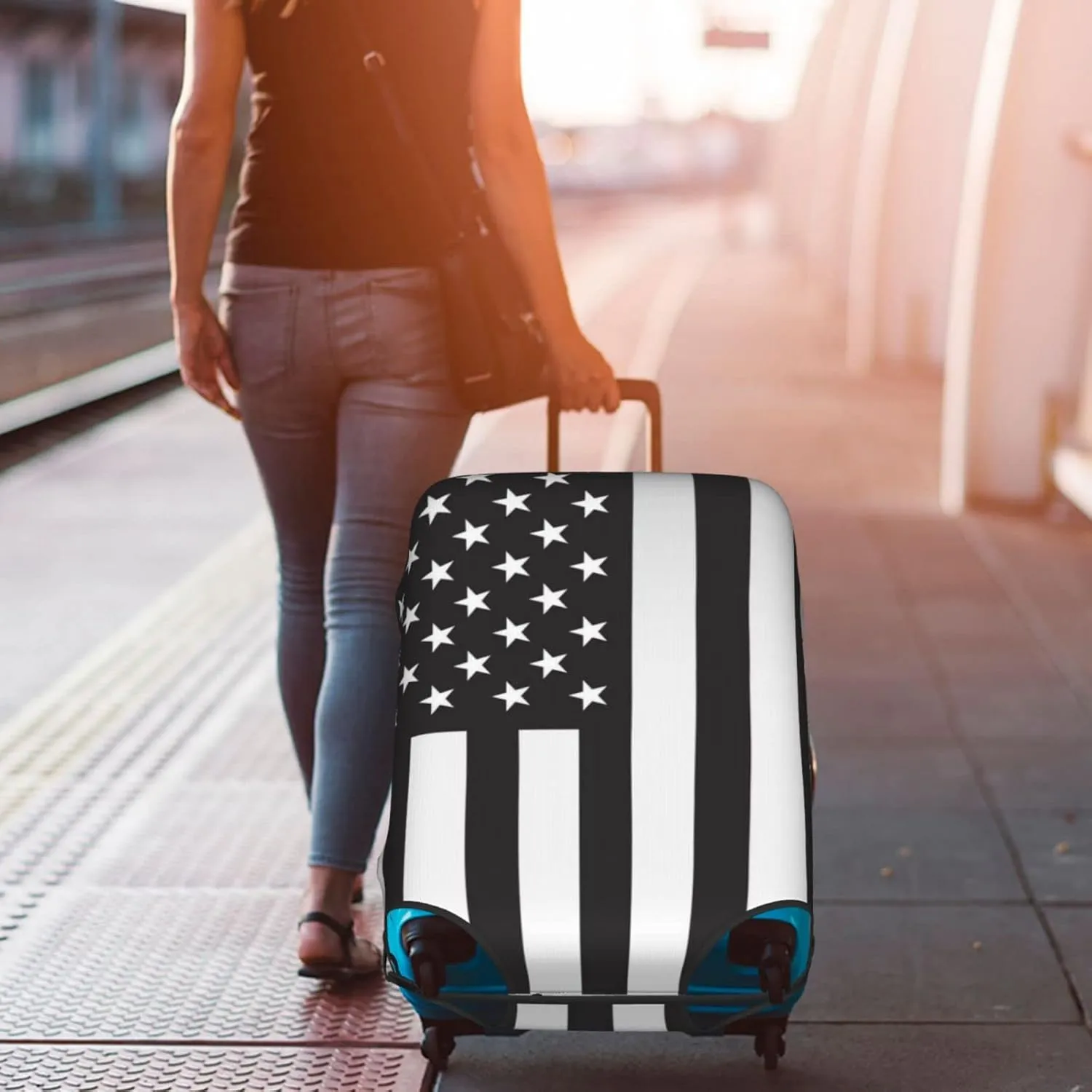 Travel Luggage Cover Fits 18/24/28/32 Inch Luggage, Black American Flag Travel Suitcase Cover Elastic Washable Wheeled Luggage Protector for Kid and Adult