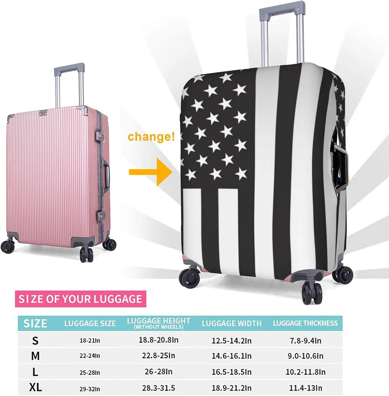 Travel Luggage Cover Fits 18/24/28/32 Inch Luggage, Black American Flag Travel Suitcase Cover Elastic Washable Wheeled Luggage Protector for Kid and Adult