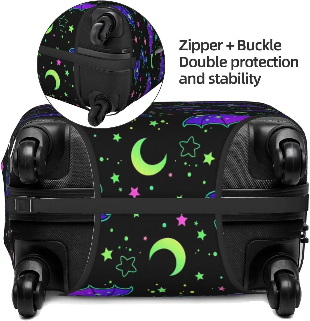 Travel Luggage Cover Suitcase Elastic Washable Cartoon Bats Stars Moon Suitcase Protector Bag,Spandex With Zipper Closure Baggage Covers,X-Large
