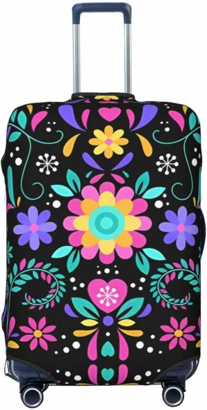 Travel Luggage Cover Suitcase Elastic Washable Mexican Folk Art Floral 3 Suitcase Protector Bag,Anti-Scratch With Zipper Closure Baggage Covers,Large