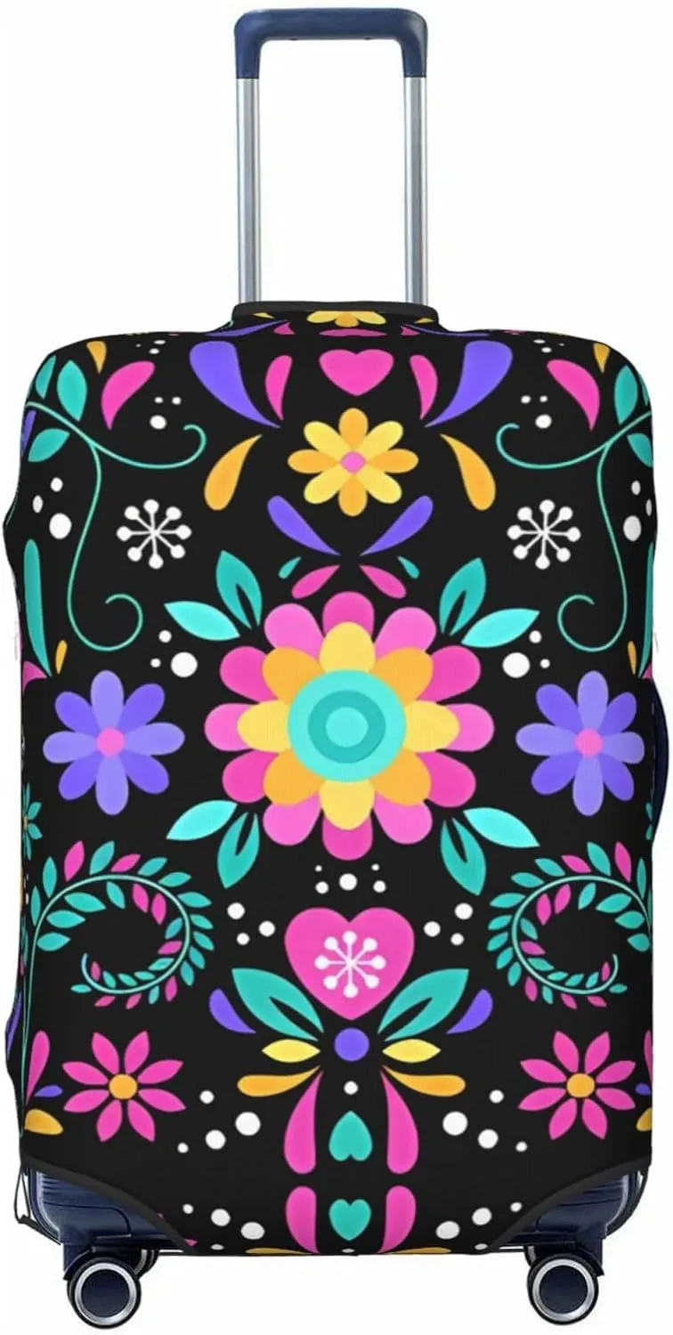 Travel Luggage Cover Suitcase Elastic Washable Mexican Folk Art Floral 3 Suitcase Protector Bag,Anti-Scratch With Zipper Closure Baggage Covers,Large