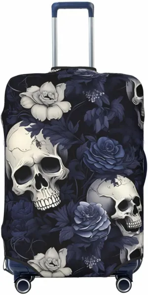 Travel Luggage Cover Suitcase Elastic Washable Stretch Boho Rose Flowers Skulls Floral Suitcase Protector Bag,Anti-Scratch Spandex Double-Sided Baggage Covers For Wheeled Suitcase Kid Adult