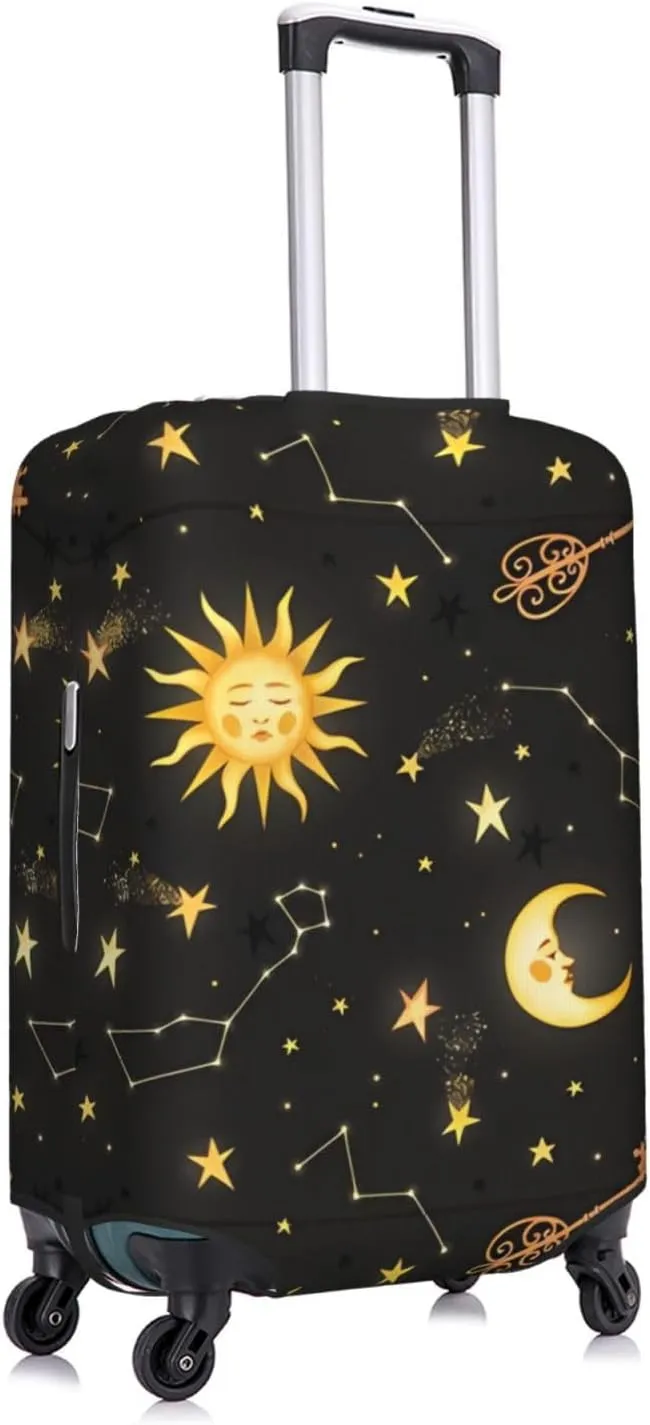 Travel Luggage Cover Suitcase Elastic Washable Stretch Boho Sun Moon Stars Constellations Suitcase Protector Bag,Anti-Scratch Spandex Double-Sided Baggage Covers For Wheeled Suitcase Kid Adult