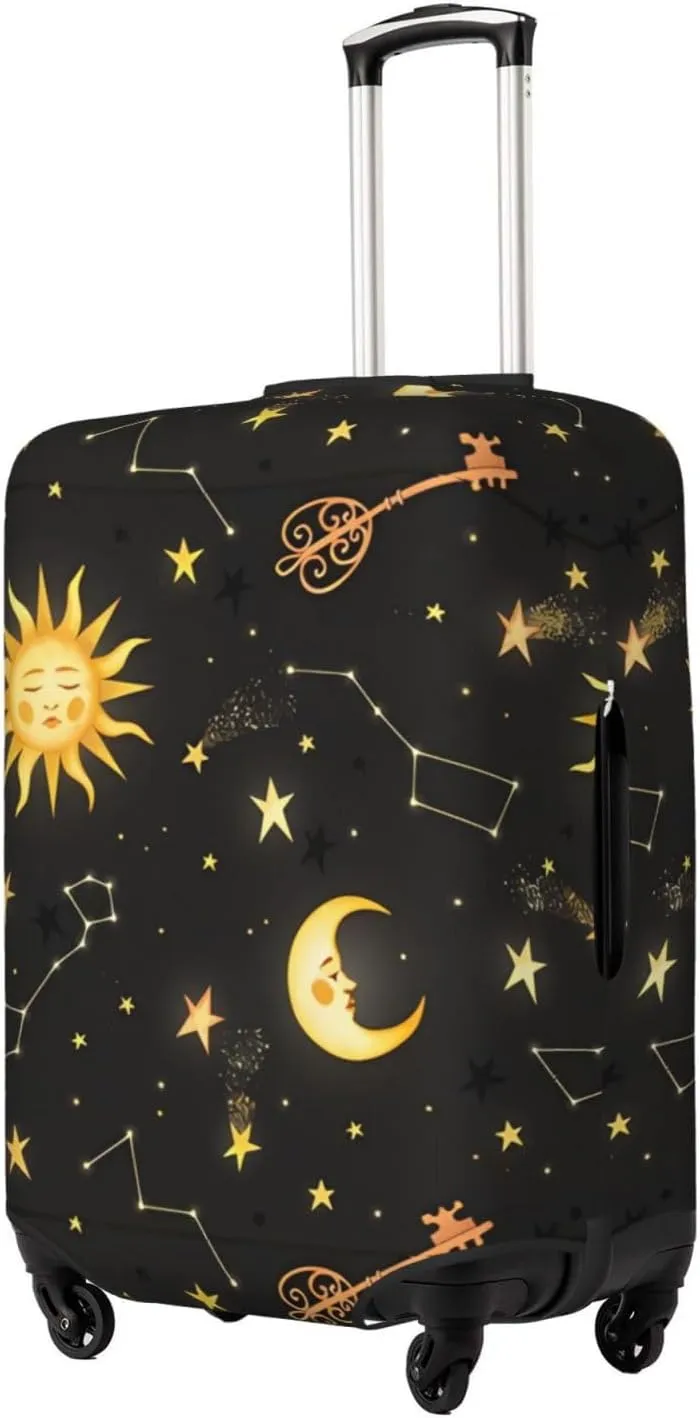 Travel Luggage Cover Suitcase Elastic Washable Stretch Boho Sun Moon Stars Constellations Suitcase Protector Bag,Anti-Scratch Spandex Double-Sided Baggage Covers For Wheeled Suitcase Kid Adult