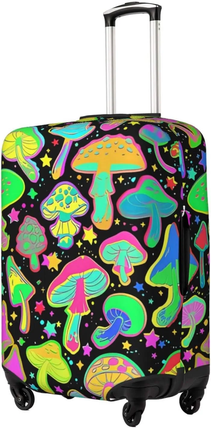 Travel Luggage Cover Suitcase Elastic Washable Stretch Bright Psychedelic Mushrooms Suitcase Protector Bag,Anti-Scratch Spandex Double-Sided Baggage Covers For Wheeled Suitcase Kid Adult