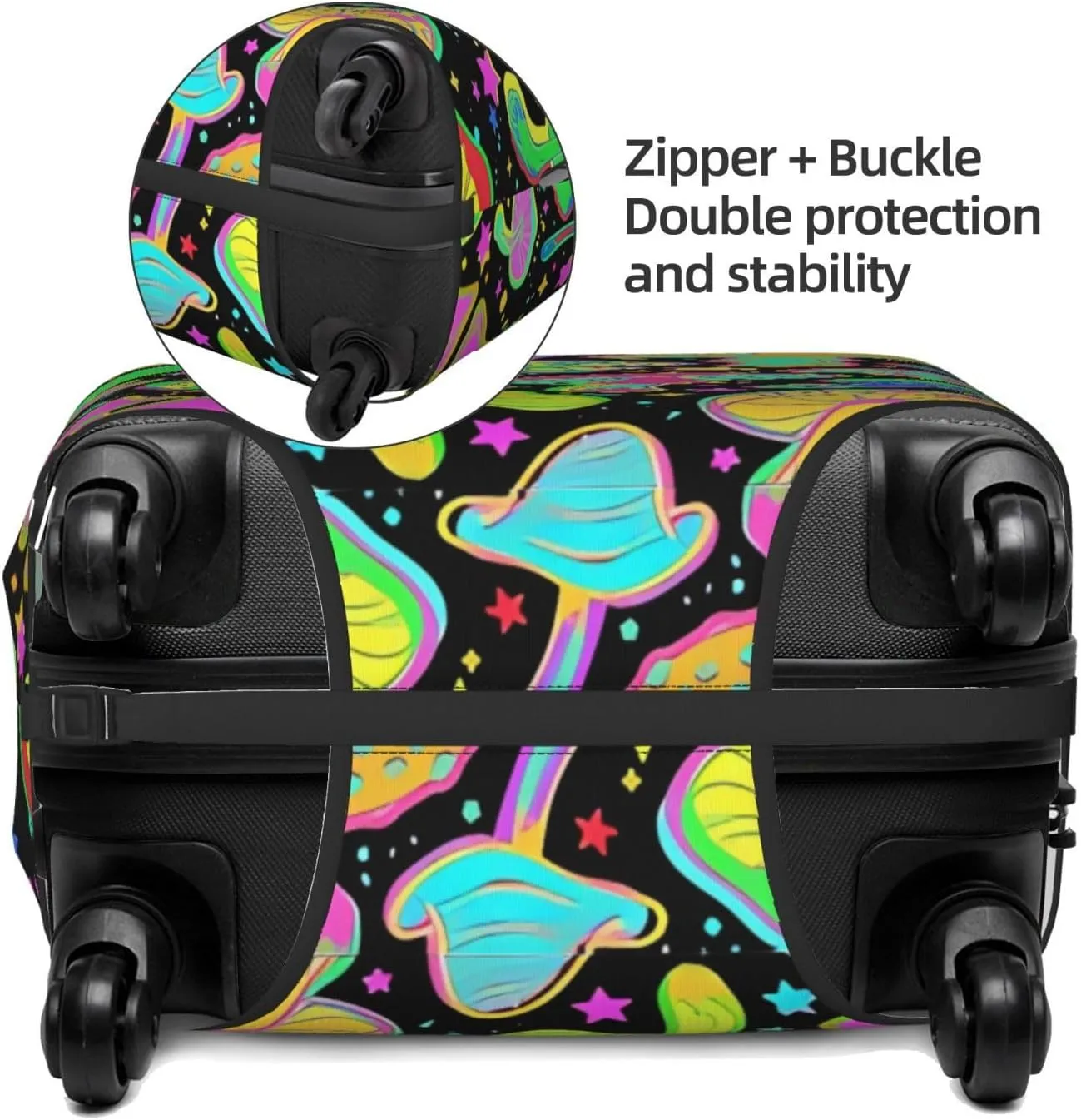 Travel Luggage Cover Suitcase Elastic Washable Stretch Bright Psychedelic Mushrooms Suitcase Protector Bag,Anti-Scratch Spandex Double-Sided Baggage Covers For Wheeled Suitcase Kid Adult