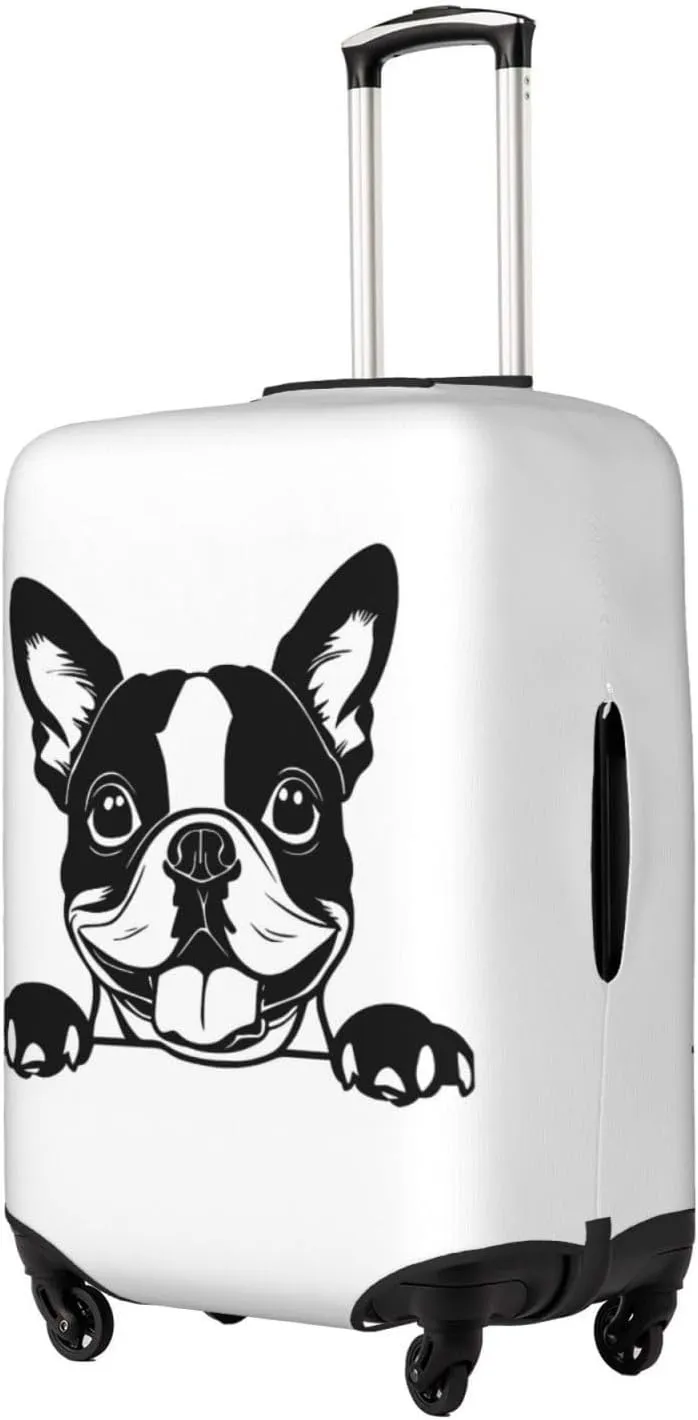Travel Luggage Cover Suitcase Elastic Washable Stretch Cute Boston Terrier Dog Suitcase Protector Bag,Anti-Scratch Spandex Double-Sided Baggage Covers For Wheeled Suitcase Kid Adult