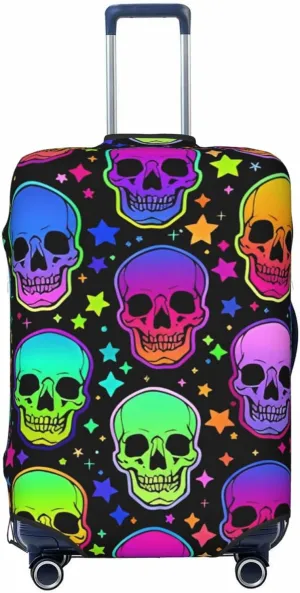 Travel Luggage Cover Suitcase Elastic Washable Stretch Neon Bright Skulls Stars Suitcase Protector Bag,Anti-Scratch Dust-Proof Double-Sided Baggage Covers For Wheeled Suitcase Kid Adult