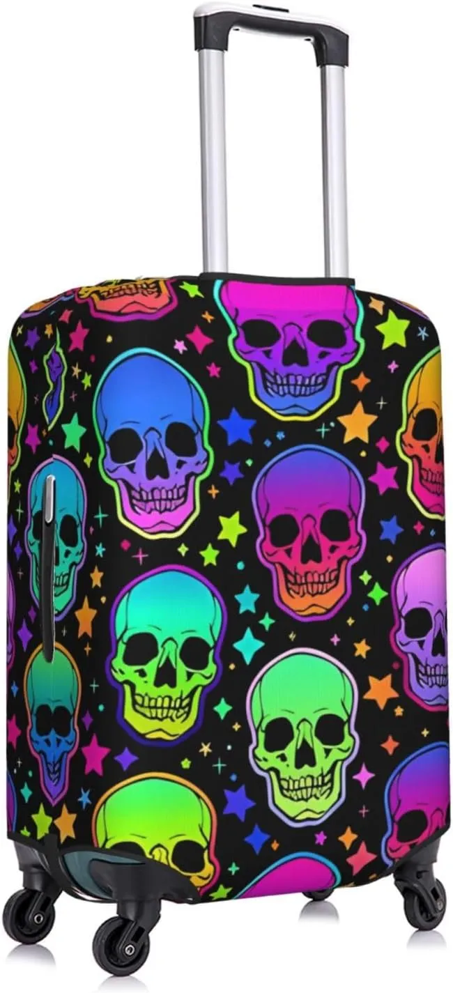 Travel Luggage Cover Suitcase Elastic Washable Stretch Neon Bright Skulls Stars Suitcase Protector Bag,Anti-Scratch Dust-Proof Double-Sided Baggage Covers For Wheeled Suitcase Kid Adult