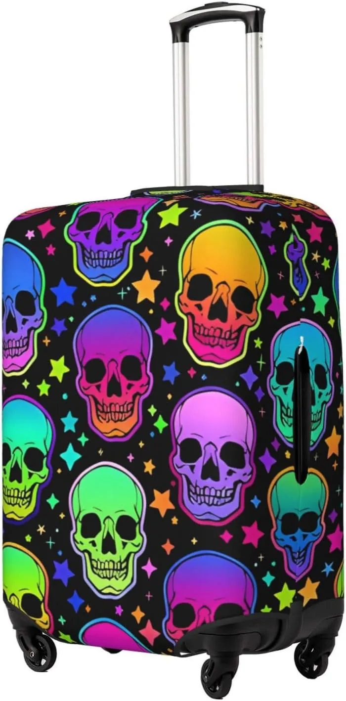 Travel Luggage Cover Suitcase Elastic Washable Stretch Neon Bright Skulls Stars Suitcase Protector Bag,Anti-Scratch Dust-Proof Double-Sided Baggage Covers For Wheeled Suitcase Kid Adult