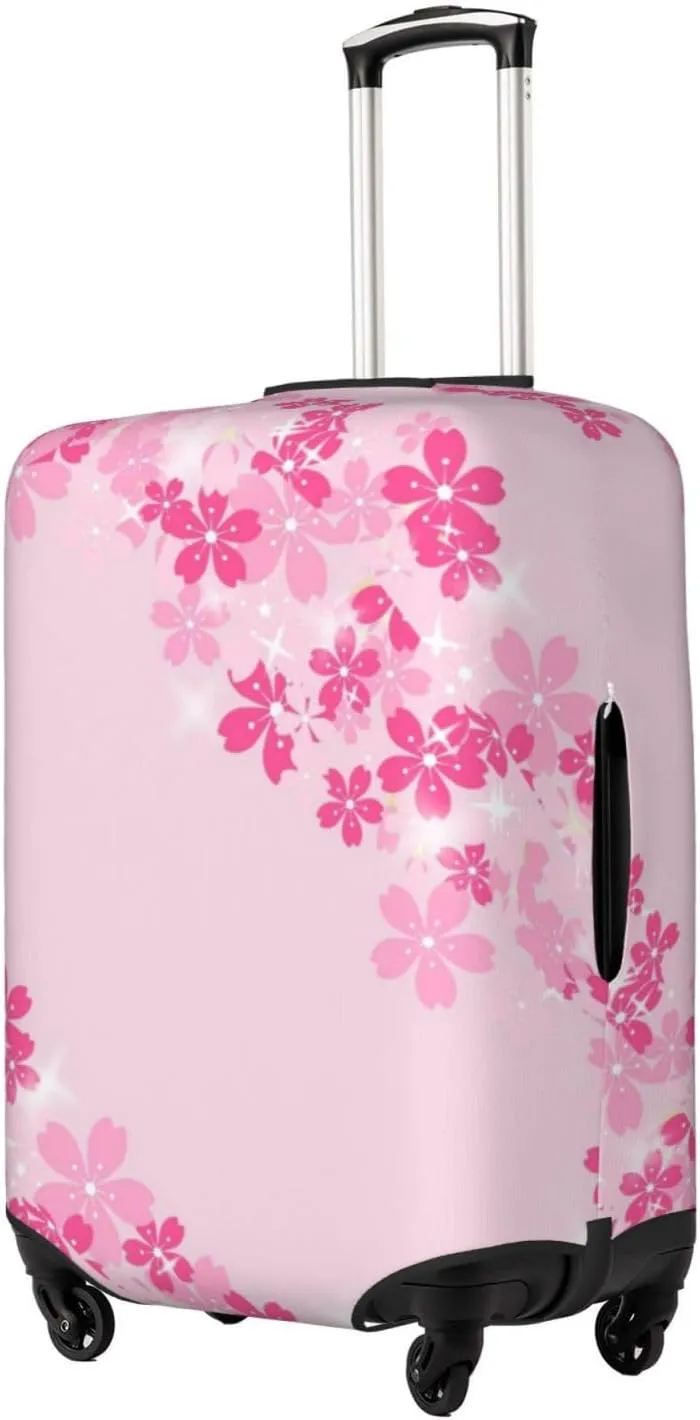 Travel Luggage Cover Suitcase Elastic Washable Stretch Pink Cherry Blossoms Border Suitcase Protector Bag,Anti-Scratch Spandex Double-Sided Baggage Covers For Wheeled Suitcase Kid Adult