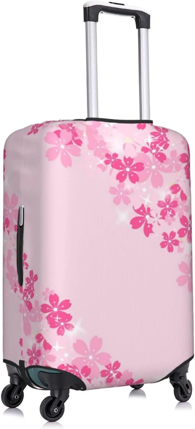 Travel Luggage Cover Suitcase Elastic Washable Stretch Pink Cherry Blossoms Border Suitcase Protector Bag,Anti-Scratch Spandex Double-Sided Baggage Covers For Wheeled Suitcase Kid Adult