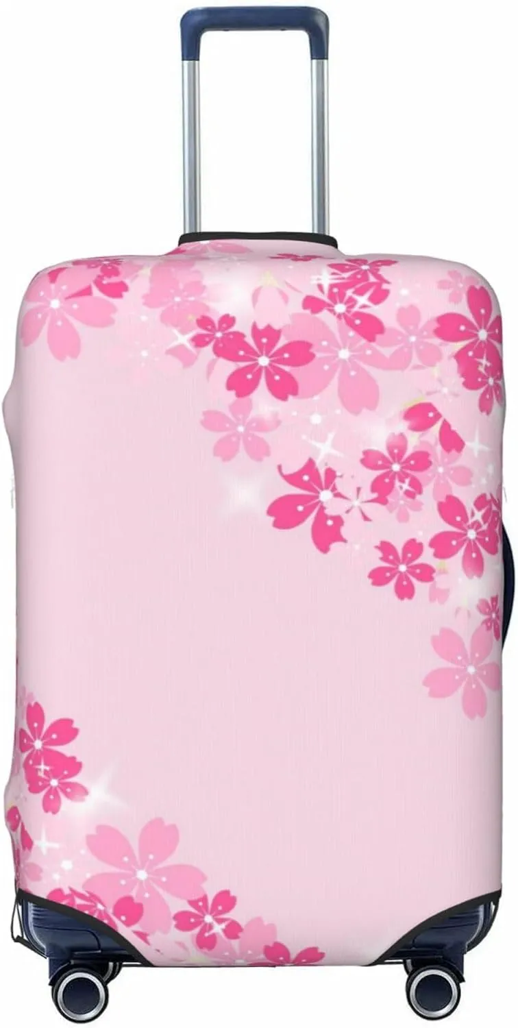 Travel Luggage Cover Suitcase Elastic Washable Stretch Pink Cherry Blossoms Border Suitcase Protector Bag,Anti-Scratch Spandex Double-Sided Baggage Covers For Wheeled Suitcase Kid Adult
