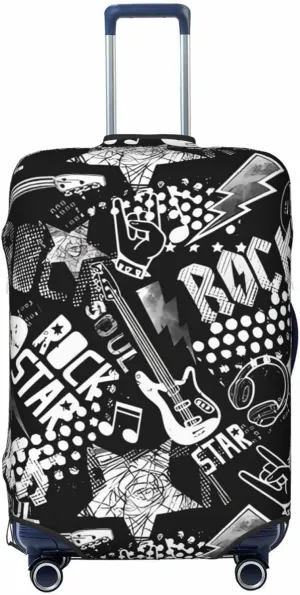 Travel Luggage Cover Suitcase Elastic Washable Stretch Rock Music With Guitar Suitcase Protector Bag,Anti-Scratch Spandex Double-Sided Baggage Covers For Wheeled Suitcase Kid Adult