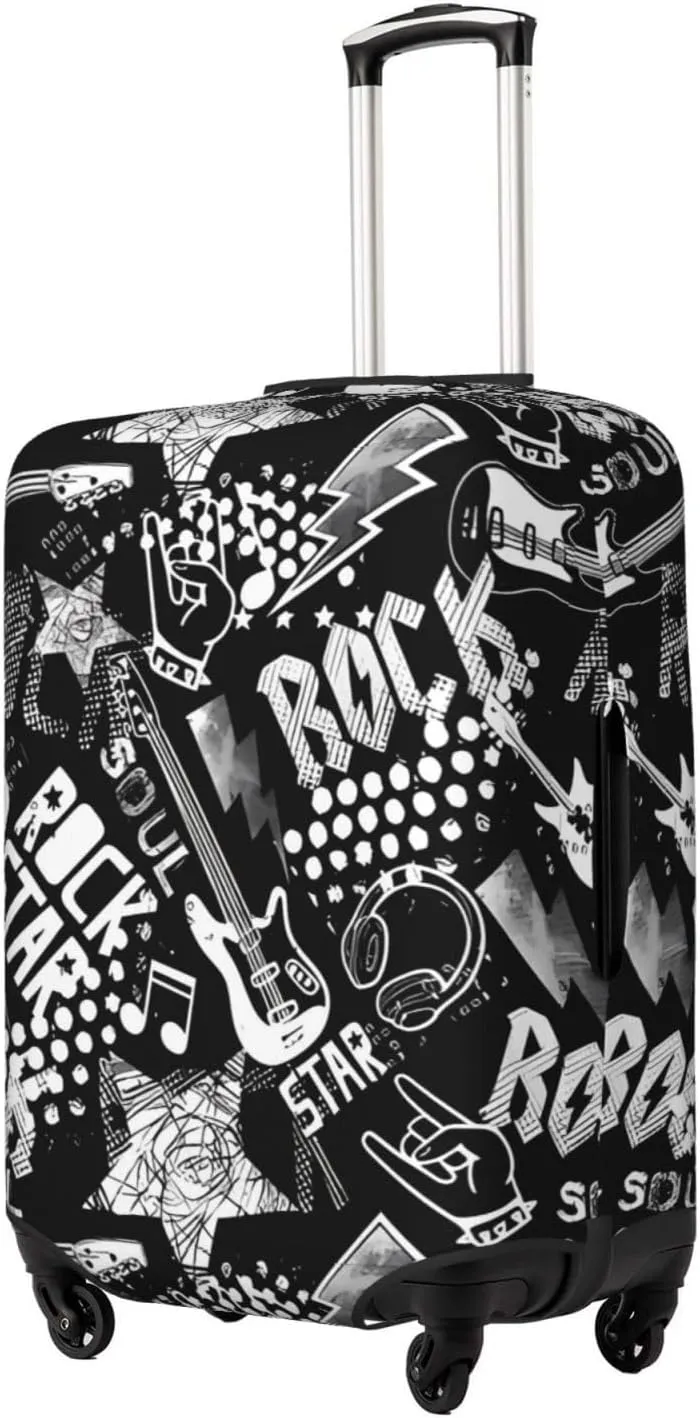 Travel Luggage Cover Suitcase Elastic Washable Stretch Rock Music With Guitar Suitcase Protector Bag,Anti-Scratch Spandex Double-Sided Baggage Covers For Wheeled Suitcase Kid Adult