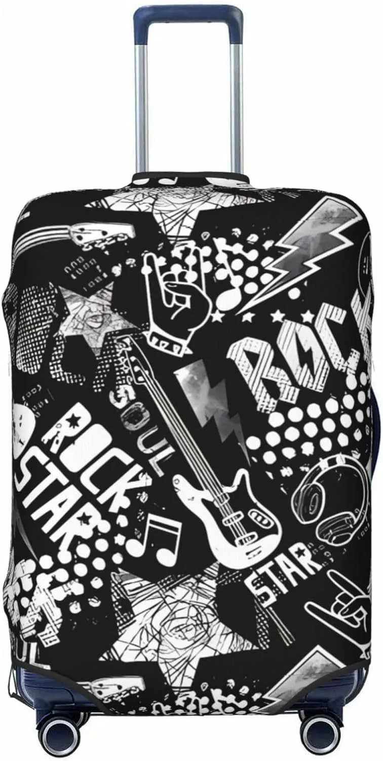 Travel Luggage Cover Suitcase Elastic Washable Stretch Rock Music With Guitar Suitcase Protector Bag,Anti-Scratch Spandex Double-Sided Baggage Covers For Wheeled Suitcase Kid Adult