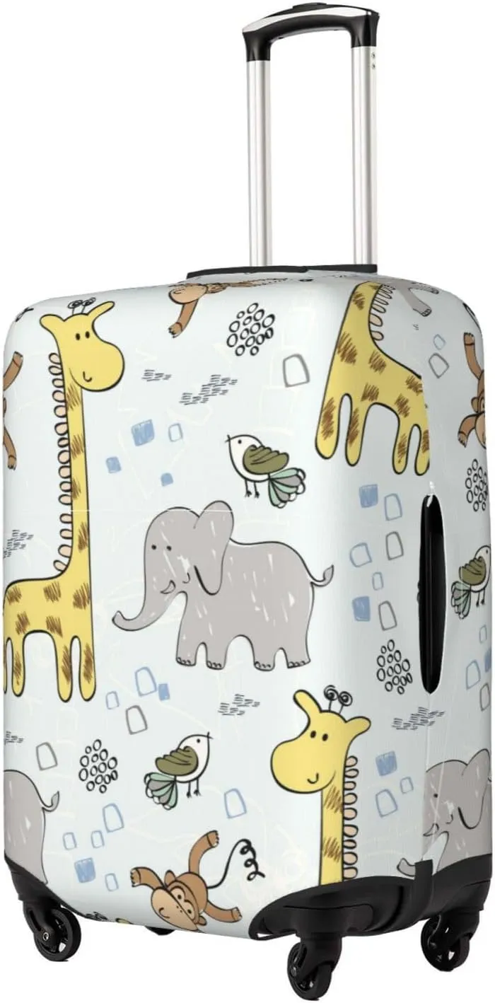 Travel Luggage Cover Suitcase Elastic Washable Stretch Sweet Baby Giraffe Elephant Bird Monkey Doodle Suitcase Protector Bag,Anti-Scratch Spandex Double-Sided Baggage Covers,Large