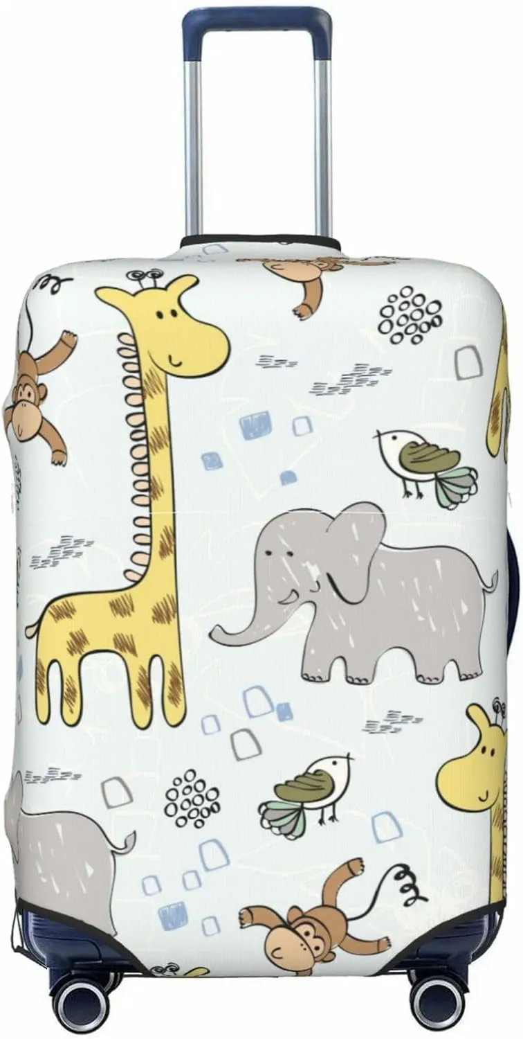 Travel Luggage Cover Suitcase Elastic Washable Stretch Sweet Baby Giraffe Elephant Bird Monkey Doodle Suitcase Protector Bag,Anti-Scratch Spandex Double-Sided Baggage Covers,Large